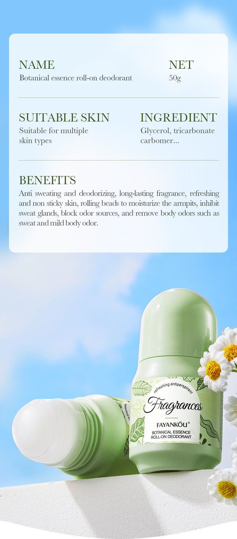 Full English Antiperspirant50g FAYANKOU Deodorant with Long-lasting Fragrance, Refreshing Antiperspirant Roll-on,  Wholesale