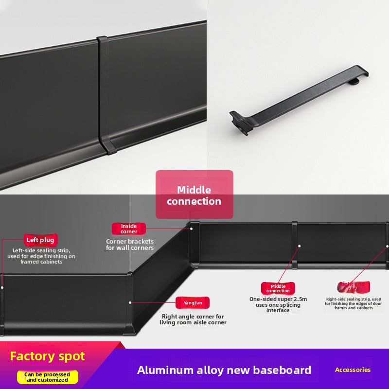 Aluminum alloy skirting board, ultra-thin snap-on minimalist corner trim6cm8cm Metal stainless steel ultra-narrow baseboard