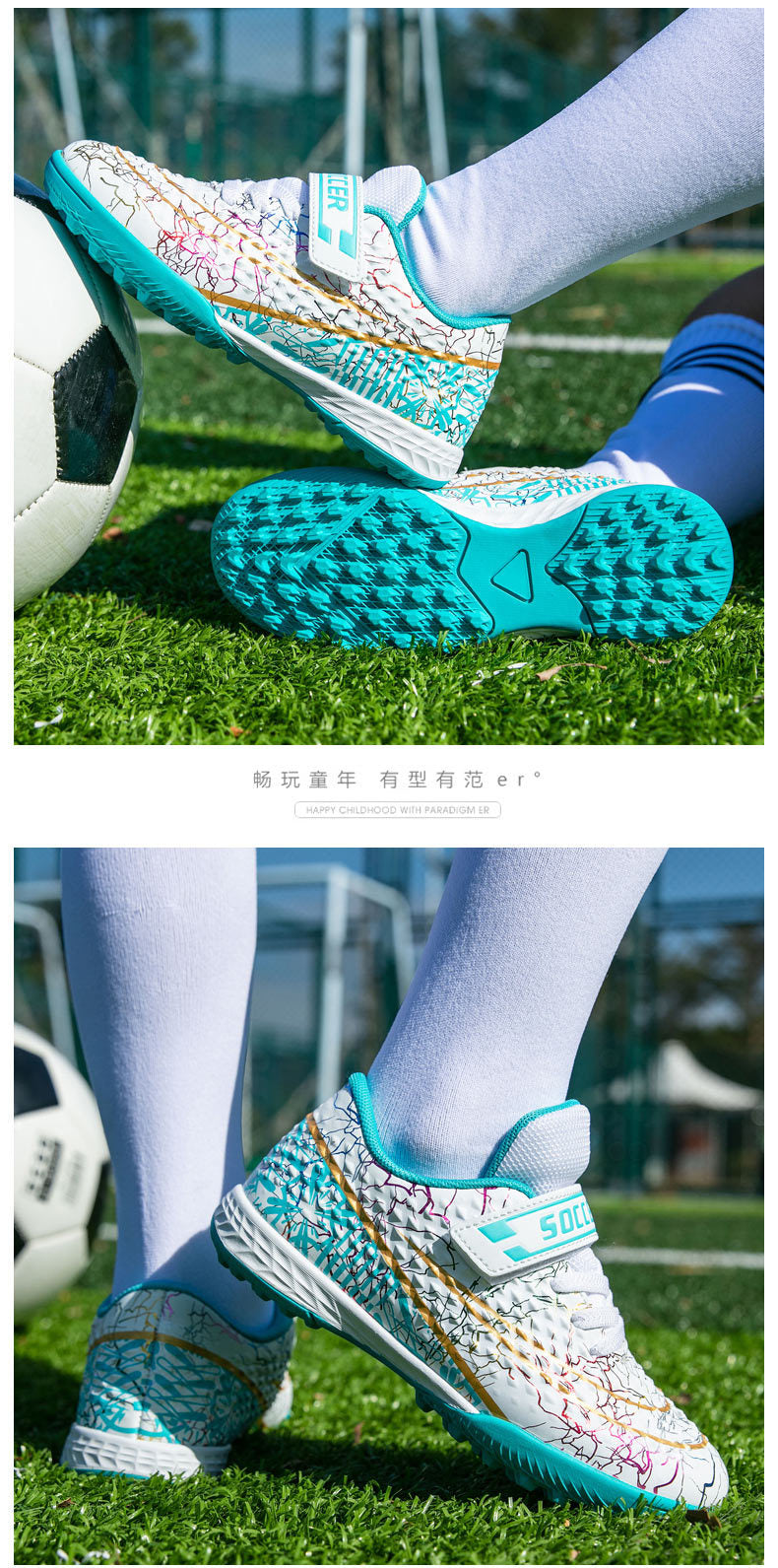 New Football Shoes for Men and Women, Children's Low-top Anti-collision Spike Magic Tape No-tie Grass Training Sports Shoes