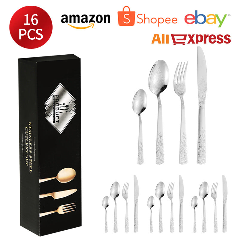 410Stainless Steel Tableware Hotel Retro Double Pattern Totem Western Cutlery Knife Fork Spoon Restaurant Hammered Steak Knife Fork