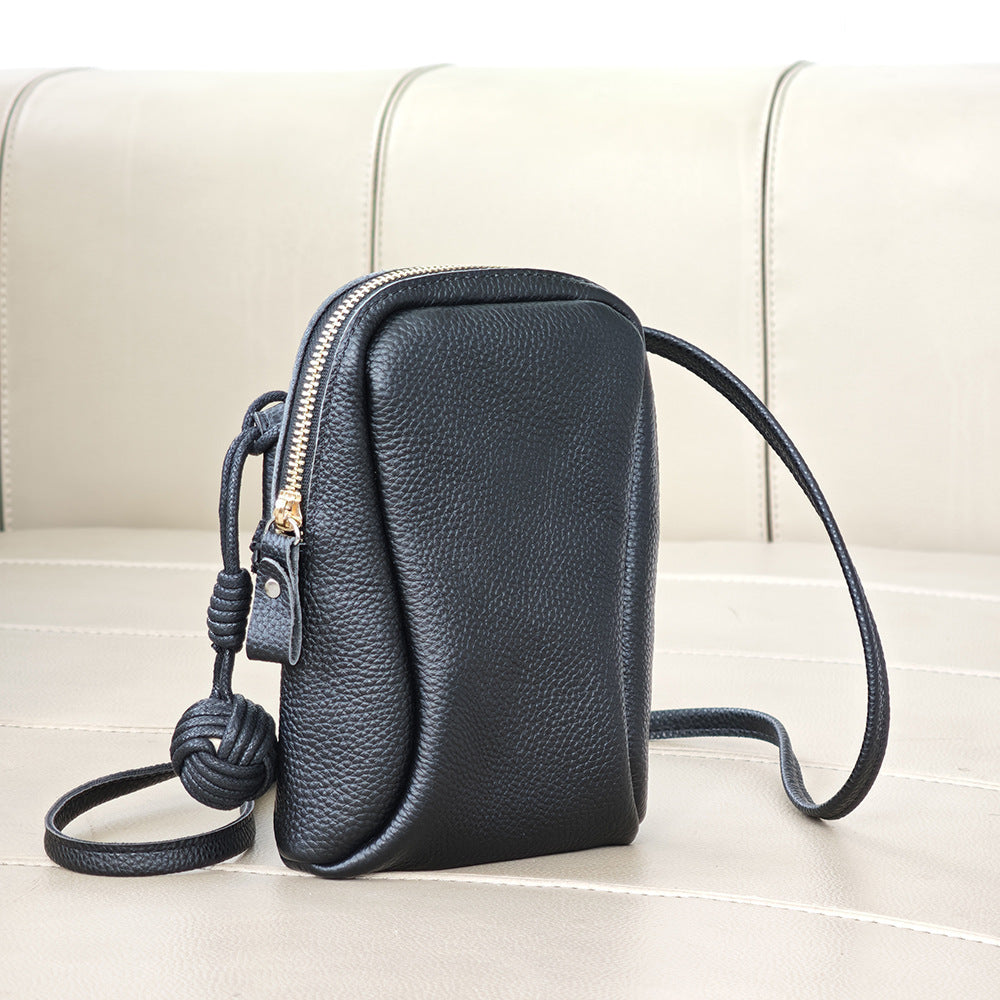 Niche Genuine Leather Phone Bag for Women2025Korean Style Fashion Versatile Lightweight Woven Ball Small Crossbody Bag