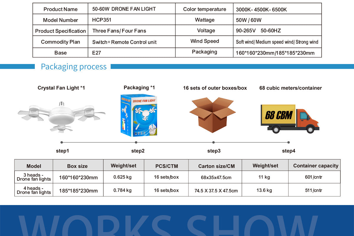 50W Drone Style Ceiling Fan Light E27Fan Light led Fan Light Folding Ceiling Light3Color Light