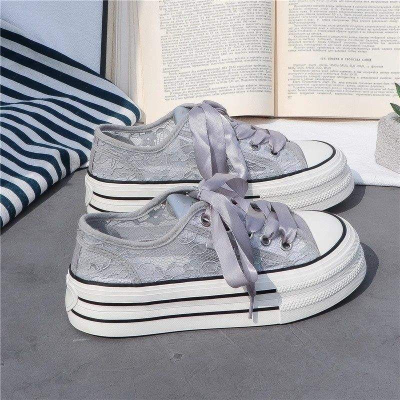 Women's White Sneakers with Breathable Mesh and Hollow Design2025Summer Versatile New Thick-Soled Casual Canvas Shoes ins