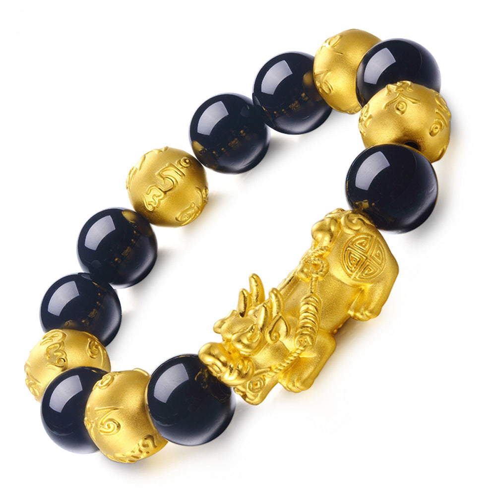 Vietnam Sand Gold Pixiu Bracelet for Men and Women Imitation3D Hard pure gold99Obsidian Wealth-Attracting Pichu Buddha Bead Jewelry Long-Lasting Color