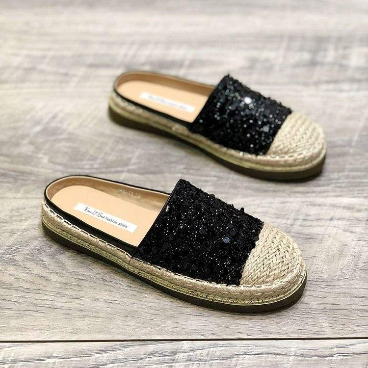 2025Spring New Knitted Retro Round Toe Sequin Slip-On Flat Fashion Closed-Toe Half Slippers Backless Fisherman Shoes