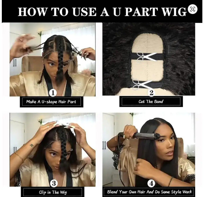 Black Fluffy U Long Straight Wig yaki Wig Hair Clip Half Wig U Part Yaki Wig