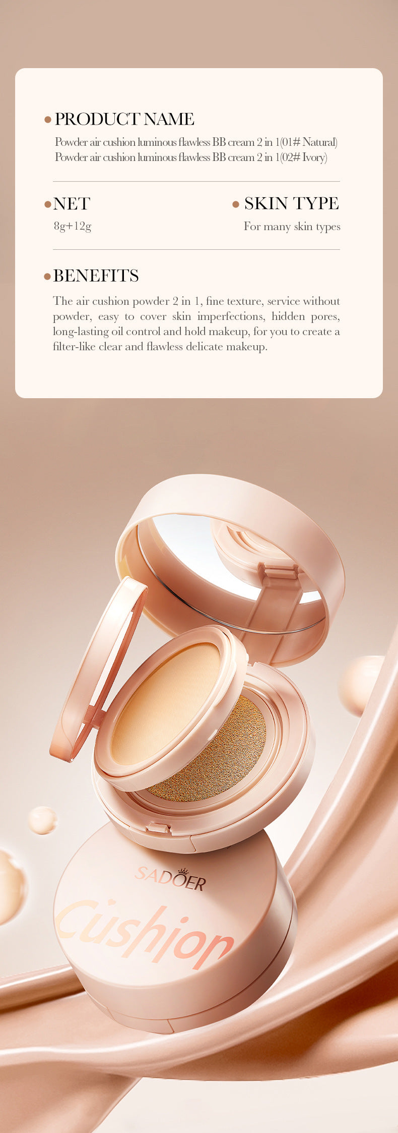 Light Sensing Cushion Compact SADOER Moisturizing and Light BB Cream Concealer Foundation  Wholesale