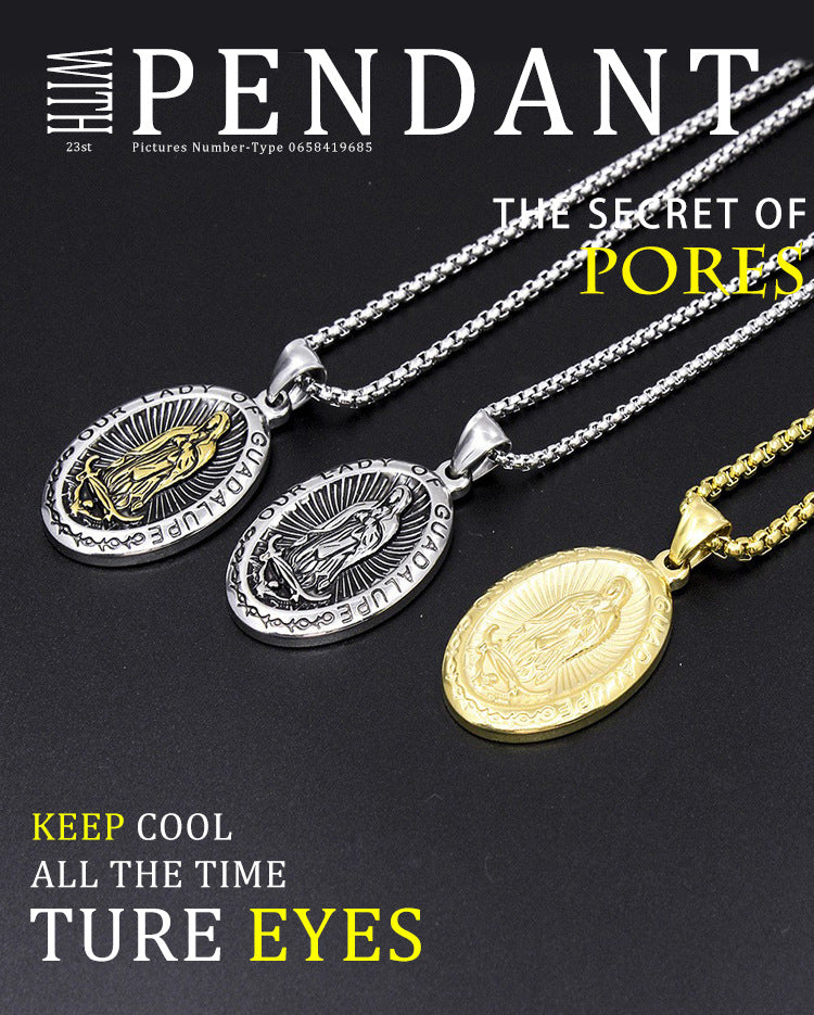 European and American Retro Titanium Steel Virgin Mary Relief Portrait Oval Guadalupe Pendant Collarbone Chain Stainless Steel Necklace