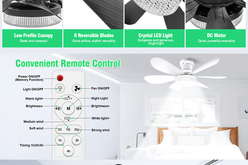 40W Crystal Fan Light Ceiling Fan Light Flower-Shaped Fan Light Living Room Ceiling Fan Light Simple Detachable Fan Blade Light Colorful