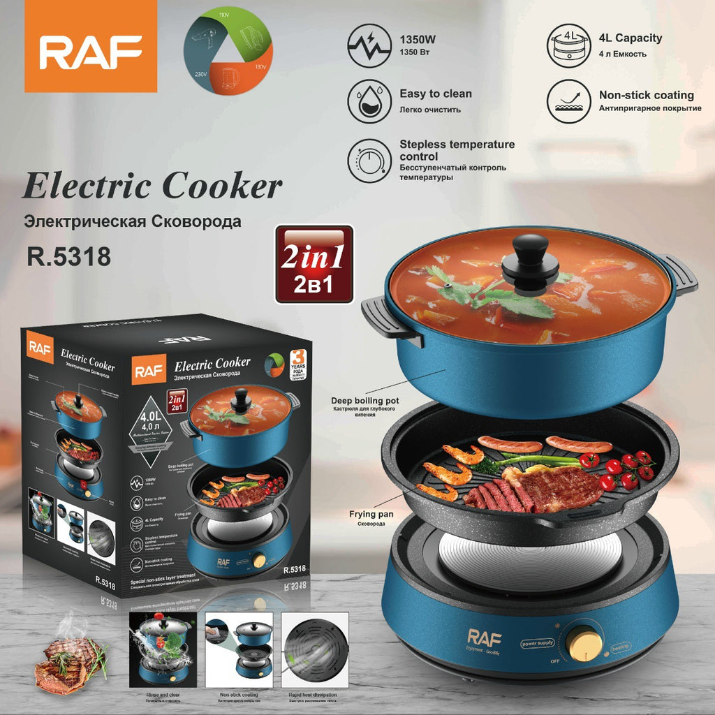 RAF European Standard Household BBQ Hot Pot Grill All-in-One Pot Multifunctional BBQ Machine Grilling and Stir-Frying Electric Grill Pan