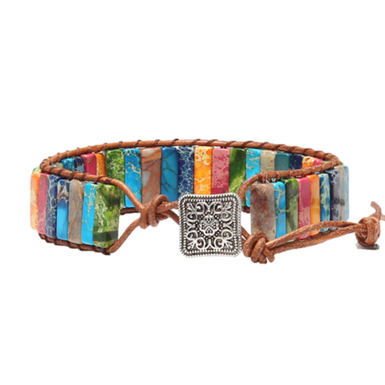 European and American Style Women's Bohemian Bracelet Vintage Emperor Stone Bracelet Handmade Woven Leather Cord Bracelet