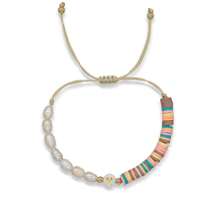 Imitation pearl26Letter Bracelet Bohemian Casual Vacation Bracelet Gold Beads Stretchable Soft Clay Woven Bracelet