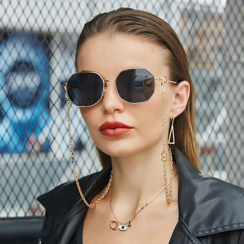 Chain Sunglasses for Women, Internet Celebrity Style, Anti-Drop Chain, Irregular Polygonal Full Frame Sunglasses for Women, Trendy