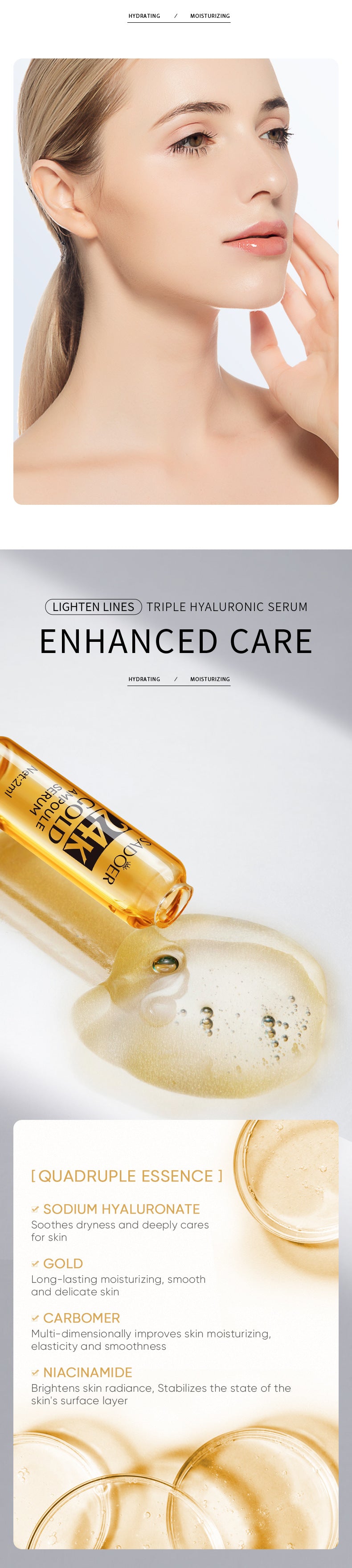 Full English Ampoule Essence SADOER Golden Hyaluronic Acid VC Moisturizing and nourishing  Foreign Trade Live Wholesale