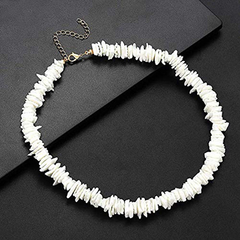 Women's Beach Shell Necklace Blue Pine Beaded Extension Chain Stretchable Handmade Woven Fragmented Shell Necklace Set