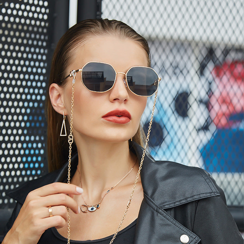 Chain Sunglasses for Women, Internet Celebrity Style, Anti-Drop Chain, Irregular Polygonal Full Frame Sunglasses for Women, Trendy