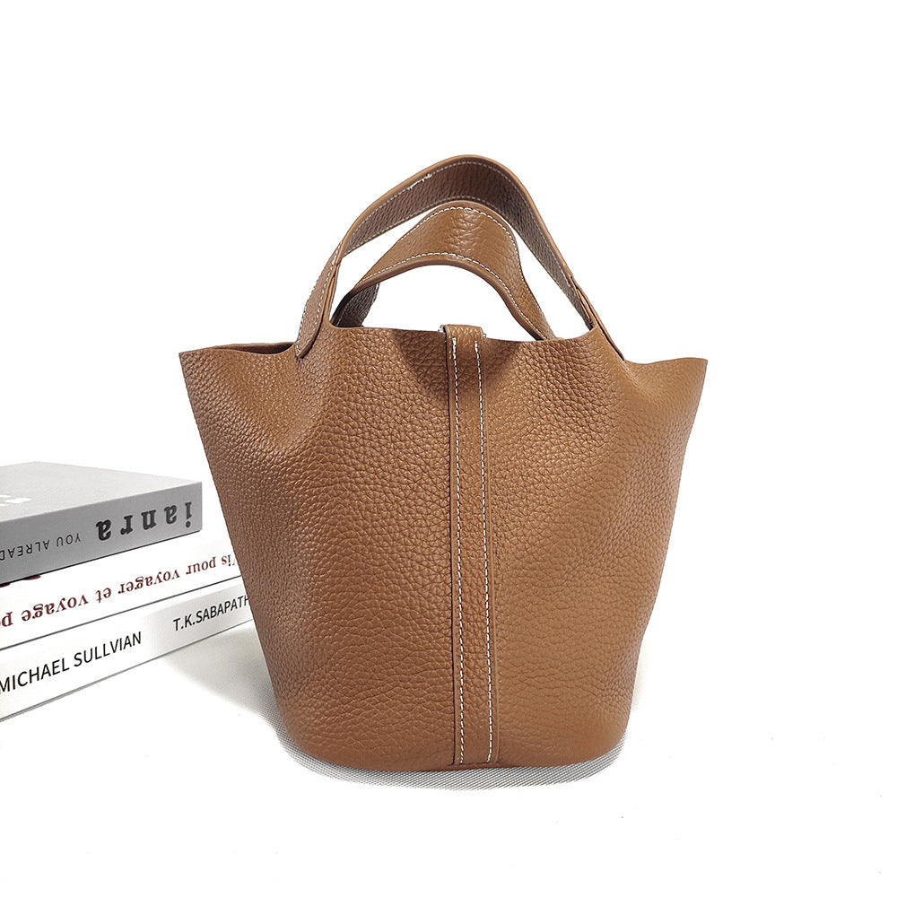 Women's Basket Bag2025New High-End First Layer Cowhide Bucket Bag Casual Handheld Women's Tote Bag Trendy
