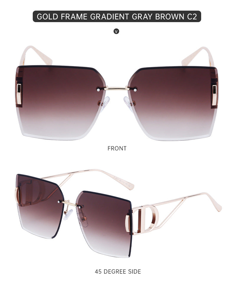 New European and American Fashion Diamond Cut Edge Rimless Sunglasses for Women Trendy Hollow Temple Large Frame Sunglasses Women's Glasses