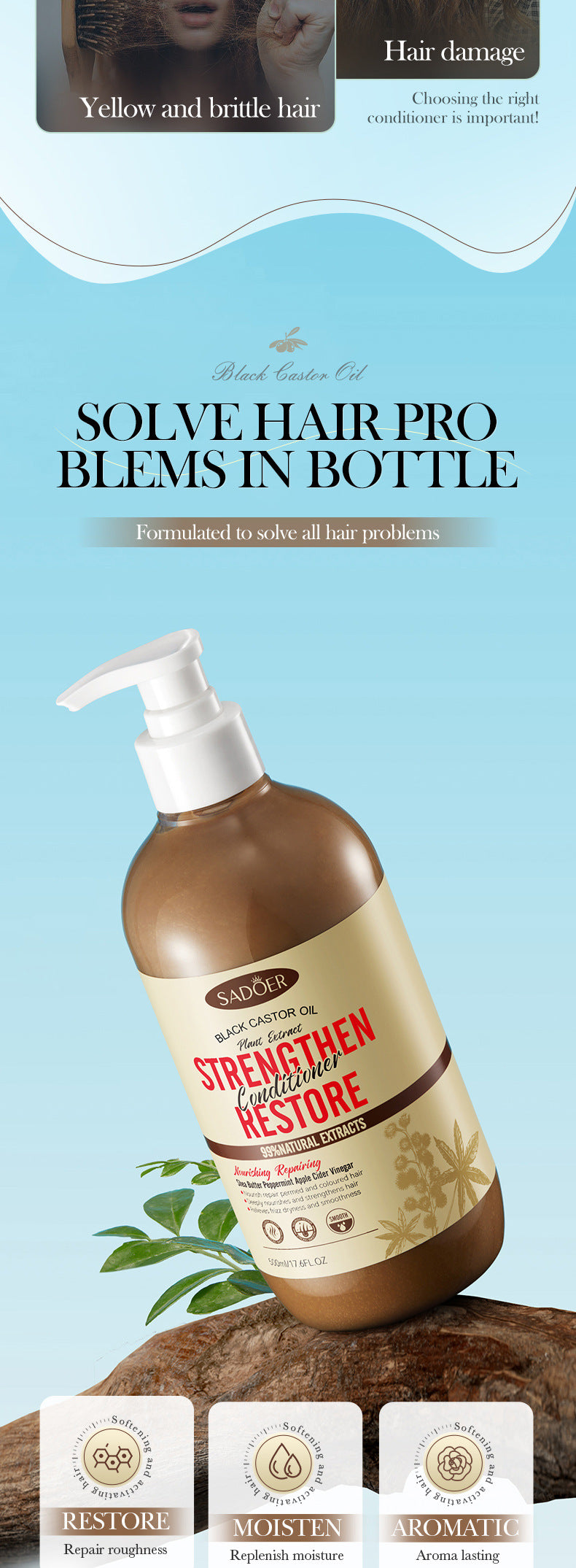 Black Castor Oil Conditioner SADOER Nourishing, Repairing and Improving Frizz Hair Care Solution Cross-Border Wholesale