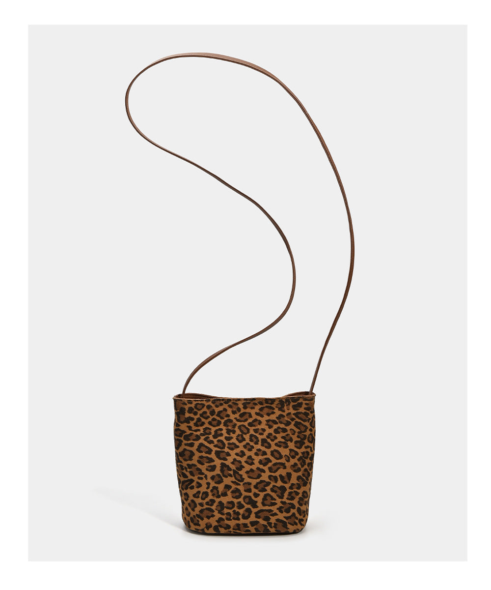 Leopard Print Genuine Leather Bucket Bag Niche Women's Bag Autumn Winter New Versatile High-end Soft Cowhide Single Shoulder Crossbody Bag