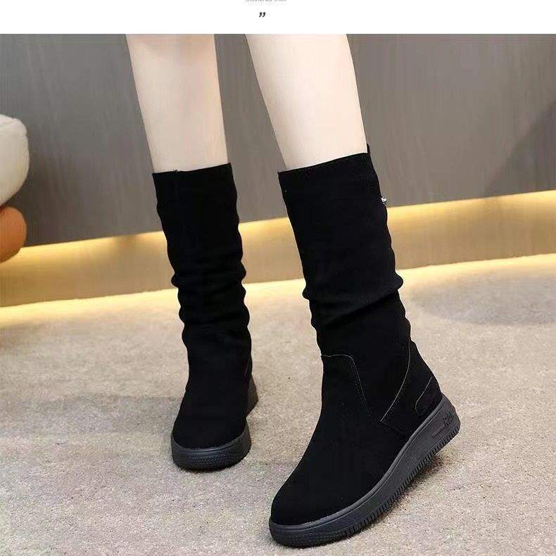 Thick-Soled Non-Slip Suede High Boots for Women, Thick Fleece Winter Mid-Calf Boots, Flat Snow Boots, Warm Cotton Shoes, Martin Boots