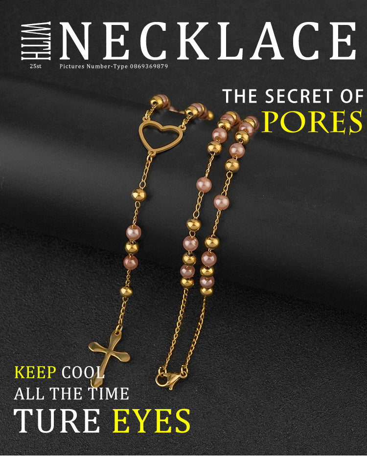 2025Autumn Winter New Style Personality Cross Titanium Steel Necklace Light Luxury Niche Stainless Steel Beaded Sweater Chain for Women