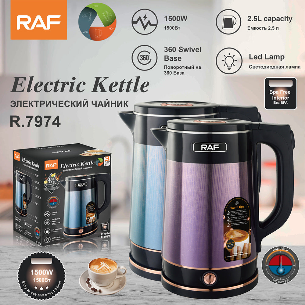 RAF European Standard High-Power Stainless Steel Anti-Dry-Burn Electric Kettle Fast Heating Long-lasting Insulation304Seamless Kettle2.5L