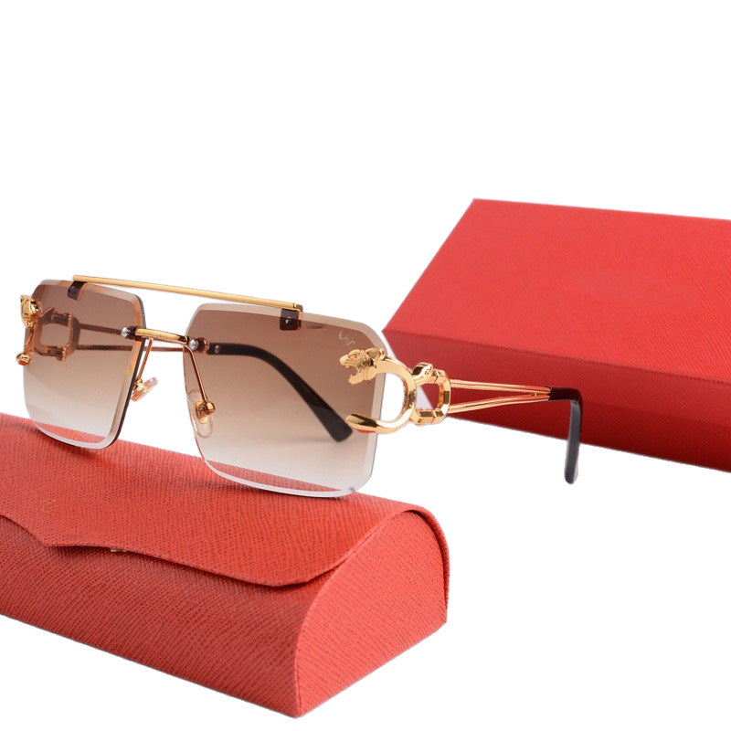New Frameless Leopard Head Sunglasses for Women, Metal Double Bridge Frameless Sunshade Glasses, Trendy Men's Square Sunglasses