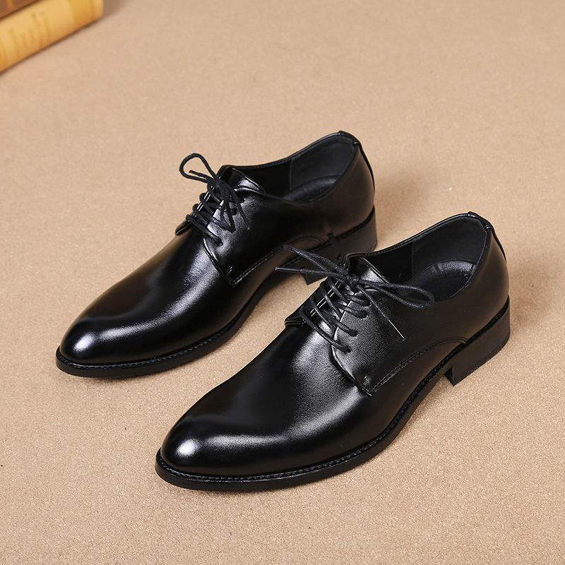 Pointed Toe Lace-Up Business Formal Leather Shoes for Men Korean Version British Style Casual Shoes with Hidden Wedge Versatile Youth Trendy Men's Shoes