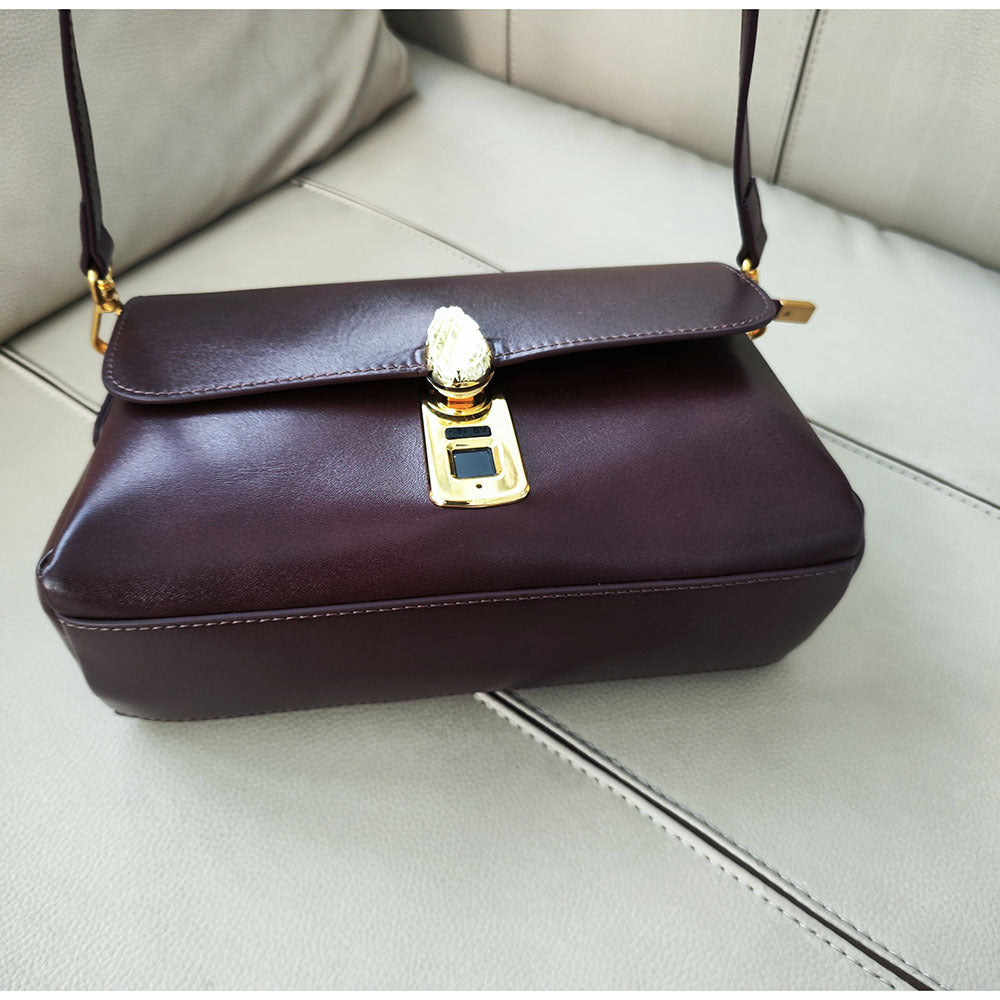 Fingerprint Unlock Bag Niche Genuine Leather Women's Bag High-end Flocked Top Layer Cowhide Single Shoulder Crossbody Commuter Underarm Bag