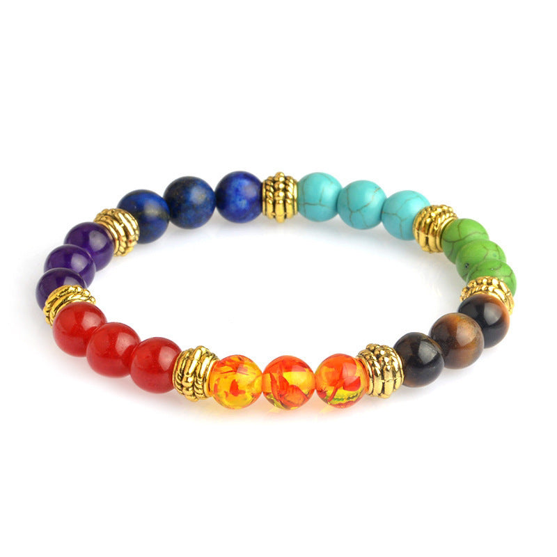 Men's Volcanic Stone Bracelet8mm Natural Stone Beaded Yoga Wheel Elastic Rope White Pine Stone Colorful Braided Bracelet