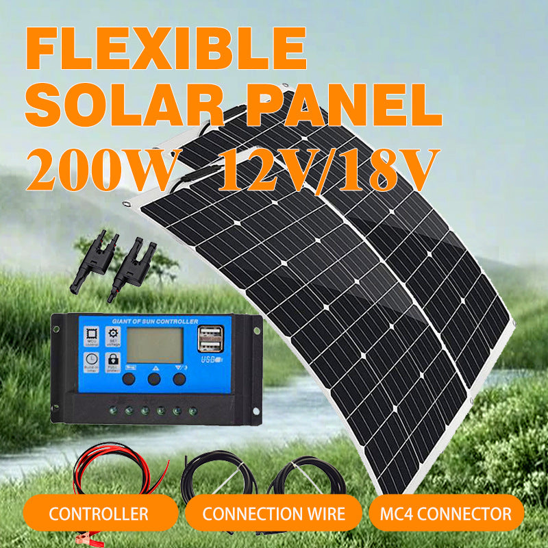 Factory Direct Solar Panel 200W 18V Flexible Emergency Charging Home/Camping Outdoor Photovoltaic Battery Panel