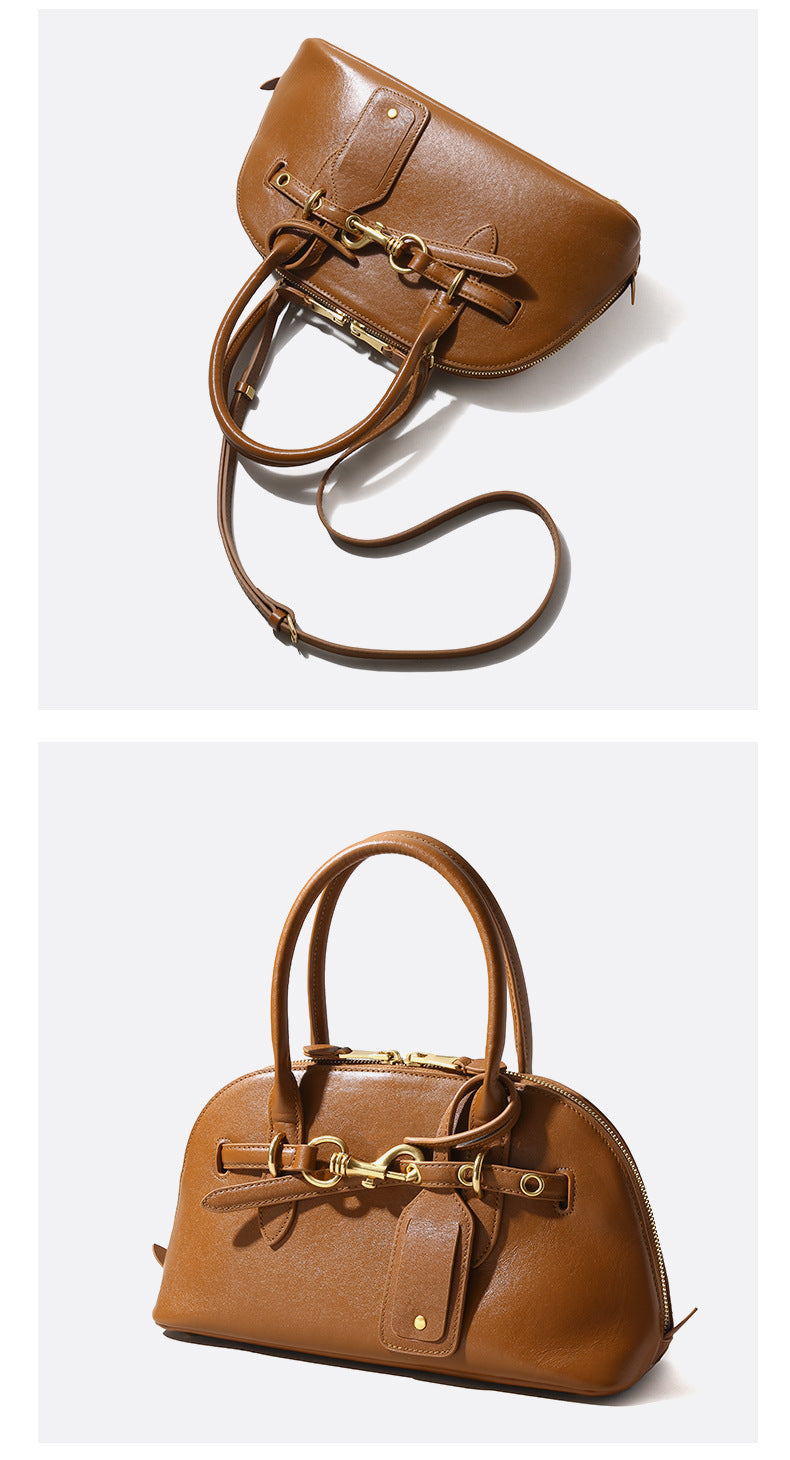 Miaojia Same Style European and American Retro Handbag Female Sense Top Layer Cowhide Crossbody Shell Bag Niche Boston Bag