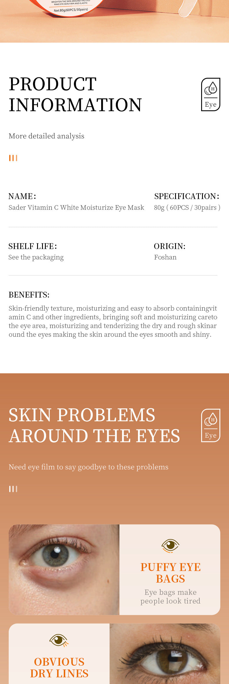 Vitamin C Eye Mask SADOER Improve Dark Circles, Eye Lines, and Eye Bags VC Moisturizing  Wholesale