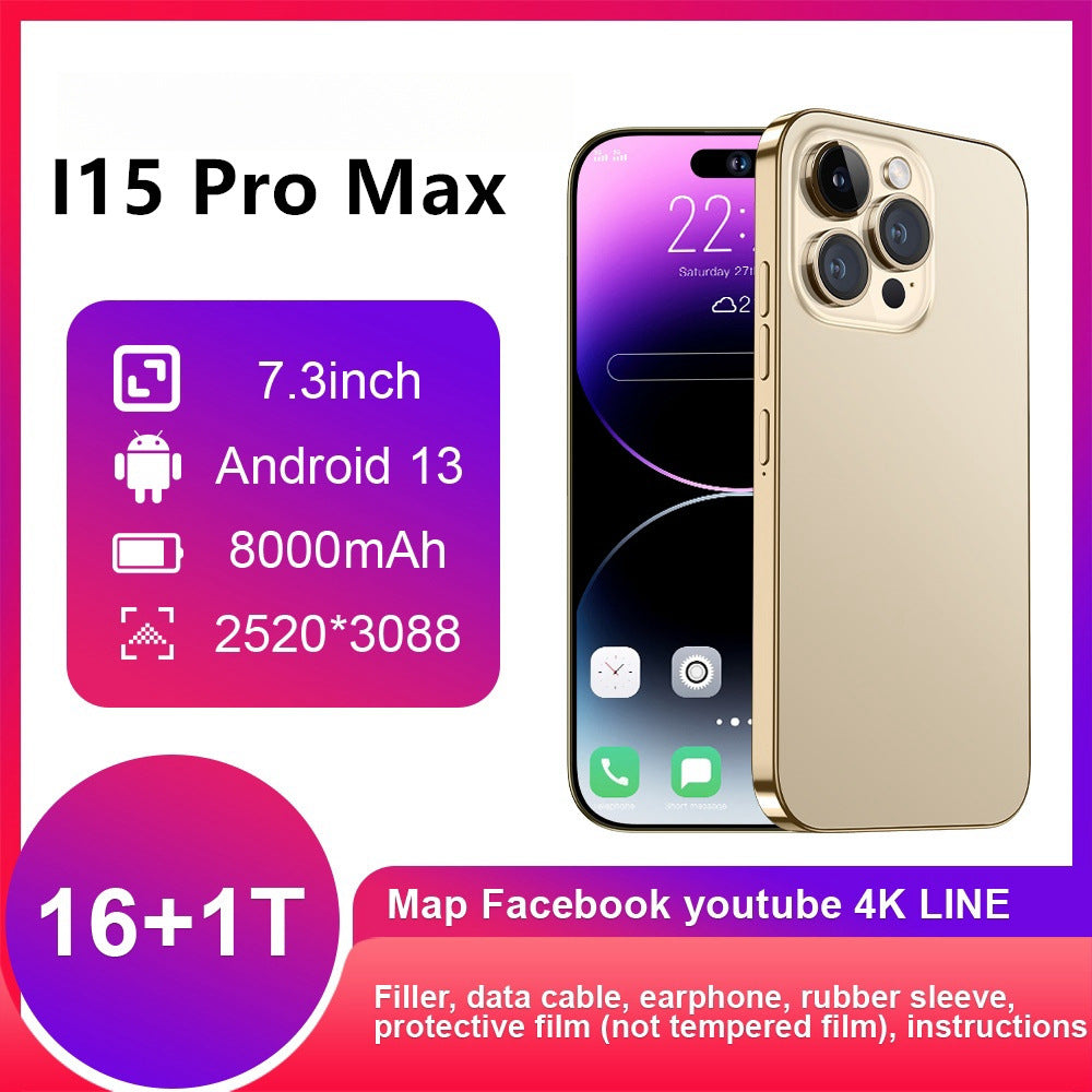 Mobile Phone i15 ProMax 7.3inch smart android phone(16+1T)130010,000 Pixels4G Net