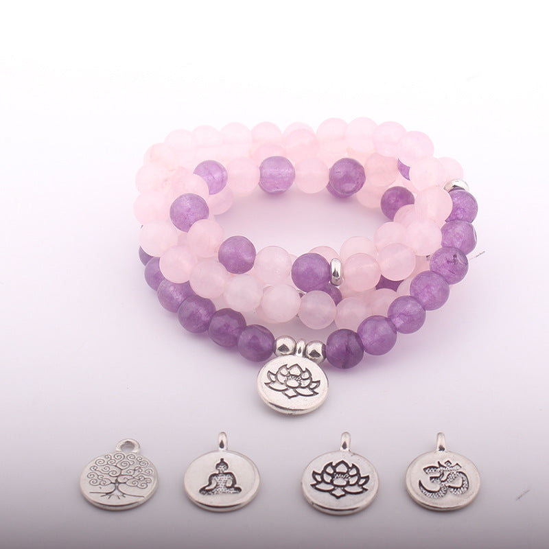 108Pink Quartz Bracelet Lotus Pendant Necklace Bracelet Buddhist Bead Necklace Factory Direct Sale