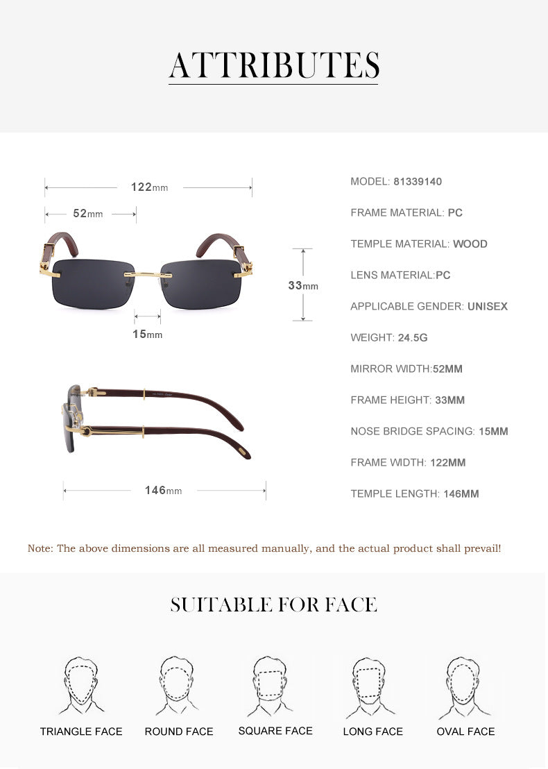 Vintage Wood Grain Sunglasses for Men and Women Fashion Frameless Square Driving Sun Protection Glasses