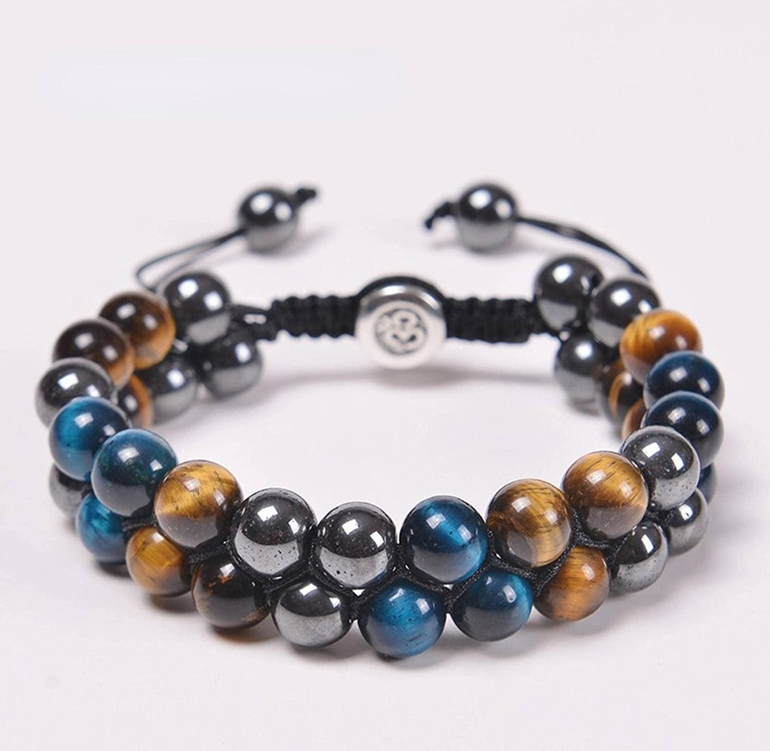 Tiger Eye Stone Woven Double Layer Bracelet Natural Stone Adjustable Stretch Bracelet Volcanic Tiger Eye Double Row Woven Bracelet