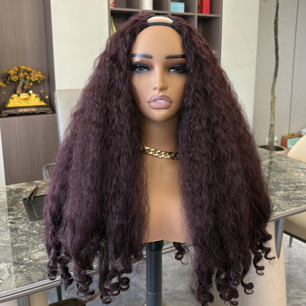 N Africa YAKI Straight Hair with Curly Ends Synthetic Wig V High-Temperature Fiber Wig with Hollow Top
