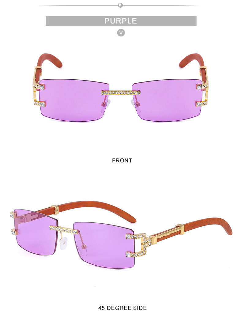 Imitation Wood Grain Leg Retro Sunglasses for Men Fashion Trend Diamond-Studded Rimless Sunglasses Men's Sun Protection Square Frame Glasses Street Style