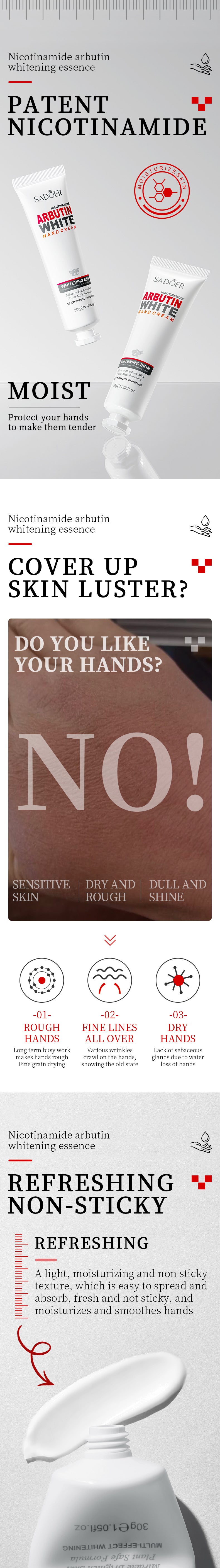 Full English Whitening Hand Cream SADOER Niacinamide Arbutin Skin Rejuvenation Moisturizing Hand Cream  Wholesale