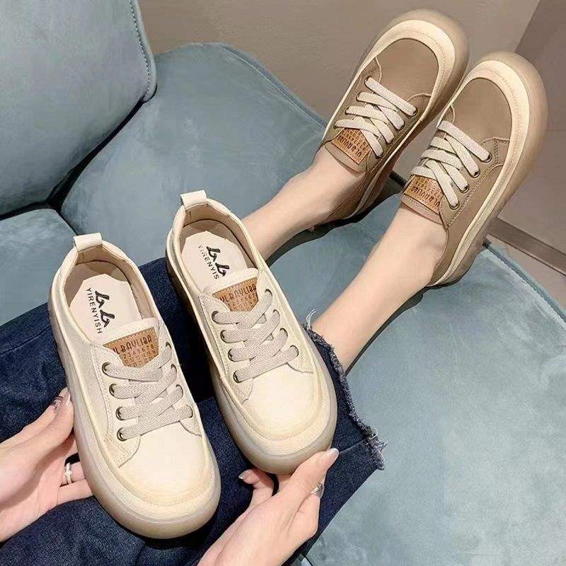 2025Autumn New Fashion Versatile Soft Sole Soft Surface Lace-up Casual White Shoes Slip-on Thick Sole Women's Single Shoes