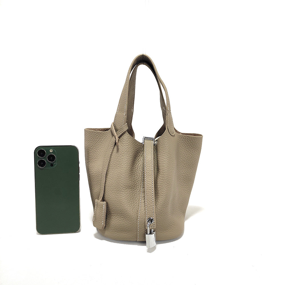 Women's Basket Bag2025New High-End First Layer Cowhide Bucket Bag Casual Handheld Women's Tote Bag Trendy