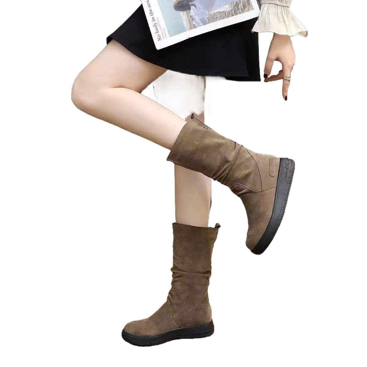 Thick-Soled Non-Slip Suede High Boots for Women, Thick Fleece Winter Mid-Calf Boots, Flat Snow Boots, Warm Cotton Shoes, Martin Boots