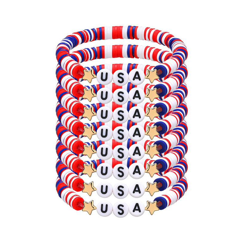 Independence Day Soft Clay Bracelet Set Flag Mixed Color Elastic Beads USA Alphabet Soft Clay Bracelet