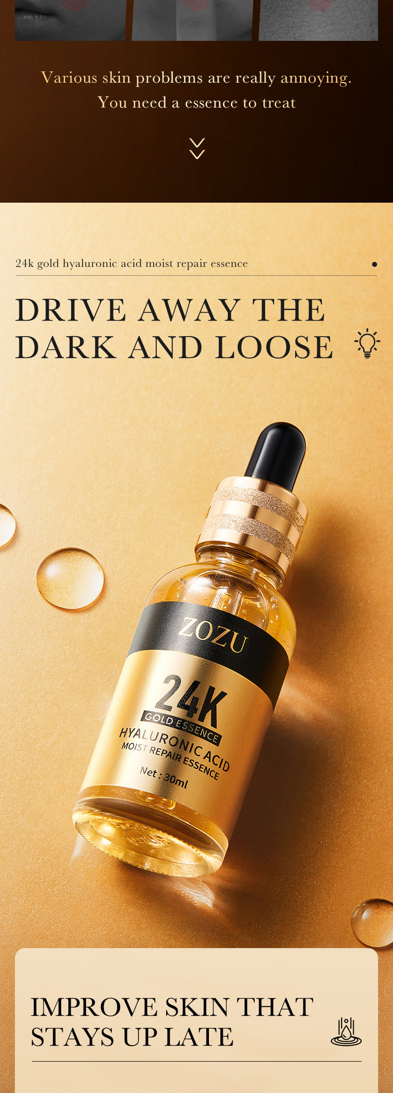 Full English24K Gold Essence ZOZU Hyaluronic acid moisturizing and hydrating skincare wholesale for  trade