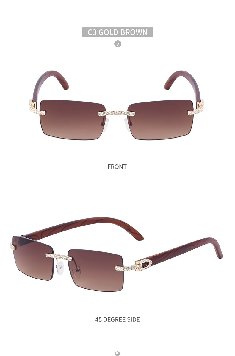 European and American Retro Frameless Men's Sunglasses with Diamond Inlay and Wood Grain Temples New Style Glasses Wholesale shades
