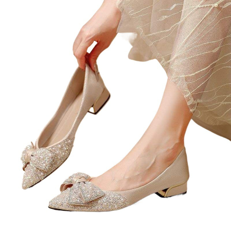 French high heels thick heel bowknot single shoes for women in summer2025New style rhinestone shiny women's shoes, two-way wear