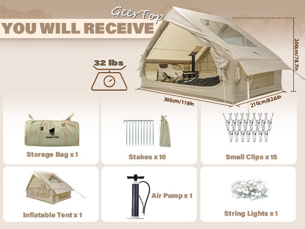 6.3㎡Inflatable Tent Outdoor Camping Oxford Cloth Light Luxury Family Camping Small House Camp Tent3-4People