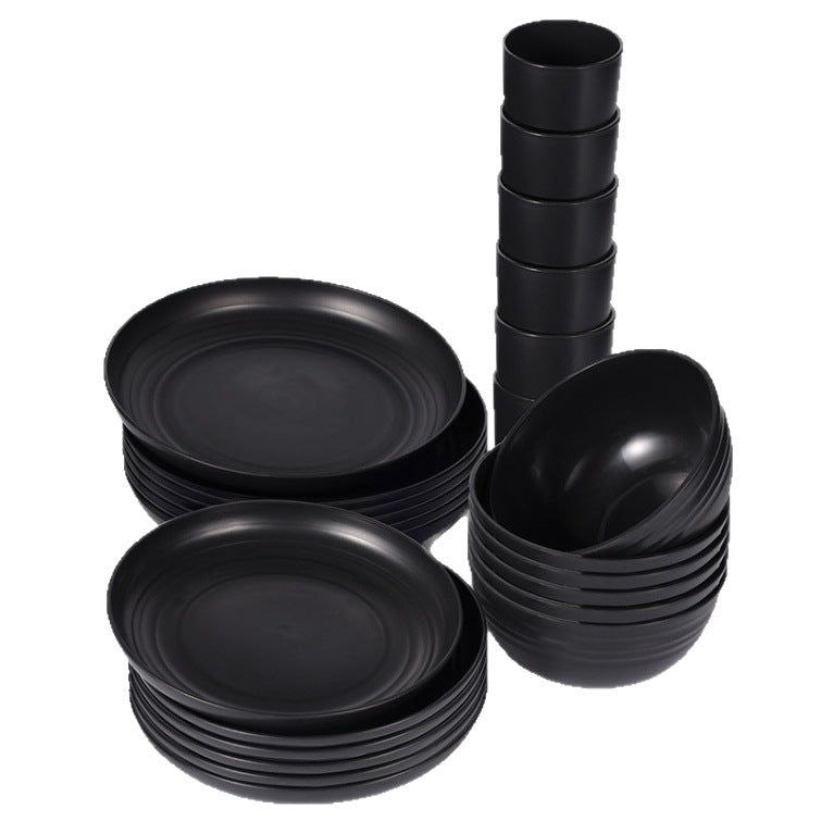 Hot selling pure black tableware set PP Dinner plate, water cup, essential cookware for outdoor camping16Set of bowls, cups, and plates